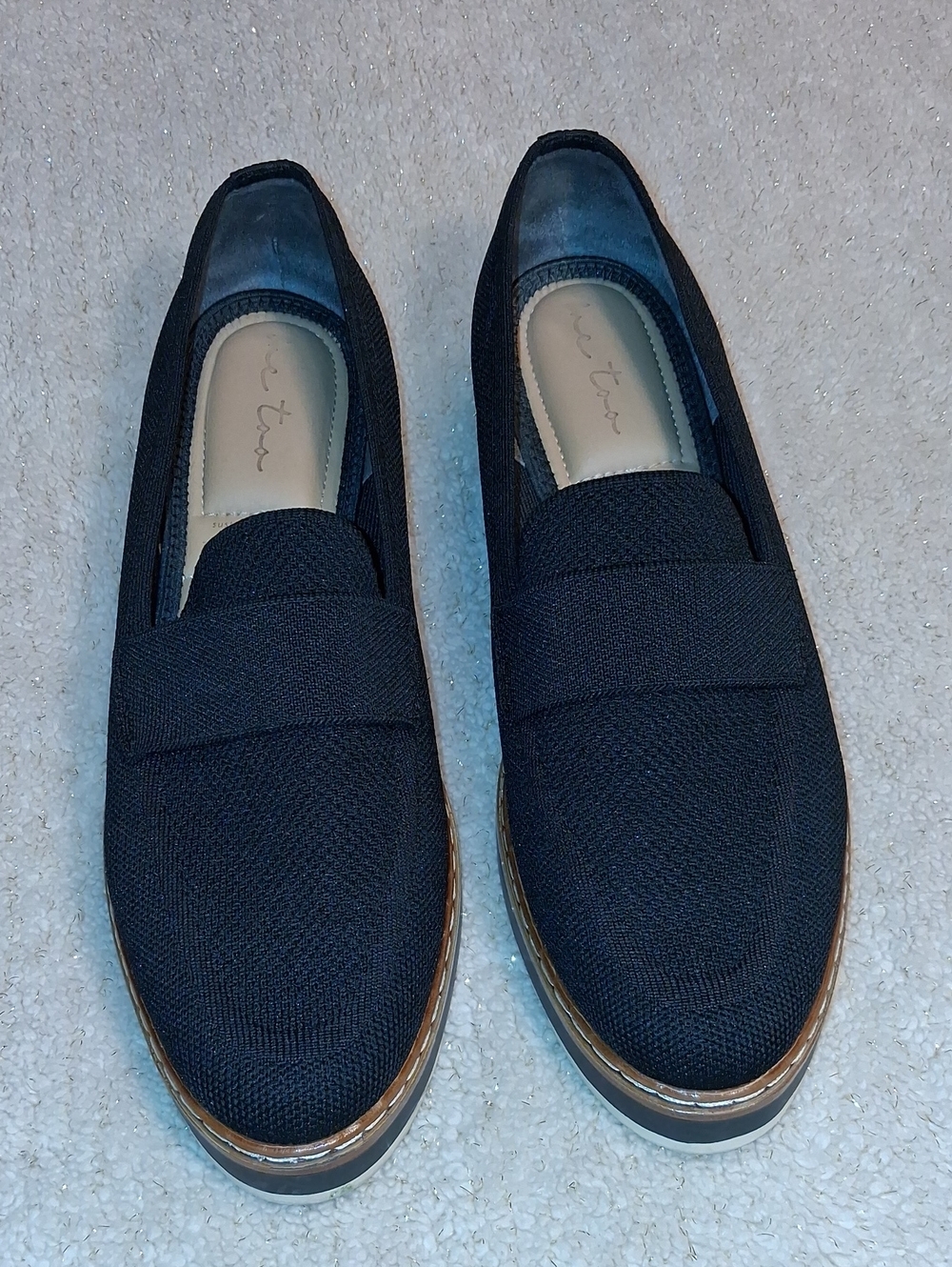 Me too Black Knit Slip-On Loafers with Brown Trim